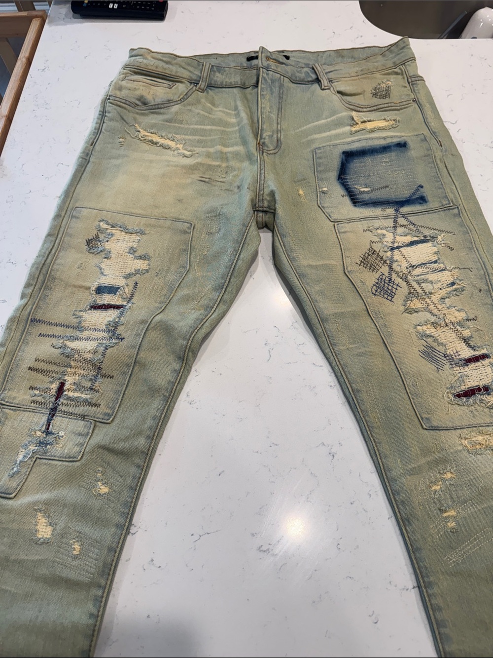 Slim Men's Distressed Patchwork Jeans in Light Sage Green